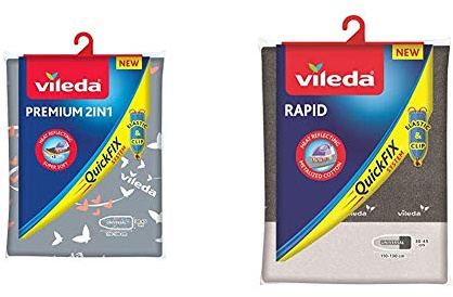 Vileda Premium 2 en 1 - Funda de Planchar, Tres Capas, tamaño Universal, Suave, Color Gris y Blanco + Rapid- Funda de Planchar, 2 Capas Adaptable a Todo Tipo de Tablas, Funda de Planchar Metalizada
