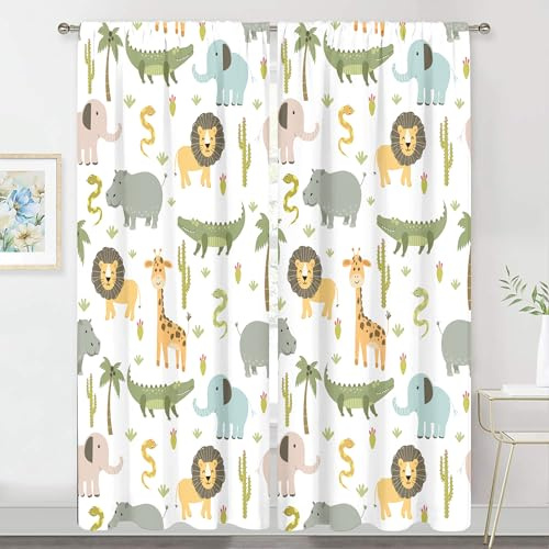 Meshelly Safari-Vorhänge für Babys, Jungen, 132x213 cm, Stangentasche, Kinderzimmer, Dekoration, Wald, Dschungel, Cartoon, Löwe, Elefant, Bedruckt für Kinderzimmer, Spielzimmer, Stoff, 2 Paneele