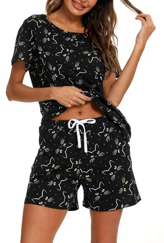 ENJOYNIGHT Pigiama corto da donna Set pigiama in cotone Top a maniche corte e pantaloni corti Biancheria da notte estiva in due pezzi Tuta da casa Loungewear, Gatto nero, L