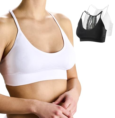 Basic Treasure 2er Pack BH Seamless Damen Ultra Komfort Bustier mit Spitze, Pads und Racerback, BH Ohne Bügel (S/M, Schwarz/Weiß)