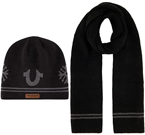 Concept One True Religion Set, ribbad lång vinter stickad mössa och halsduk med ändränder beanie-mössa, svart, en storlek, svart, En Storlek