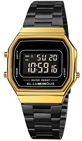 Nicoone Montre numérique avec Bracelet en Acier Inoxydable Montre rétroéclairée par LED étanche et élégante pour Homme (Or + Noir)