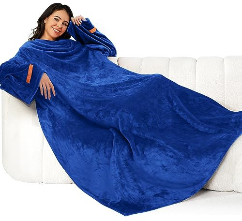 Winthome Coperta con Maniche - Coperta Pile Morbida e Calda, Plaid con Maniche con Velcro, Coperta Indossabile per Regalo Natalizio Donna Uomo, Risparmia Costi di Riscaldamento (Blu scuro,140x180cm)