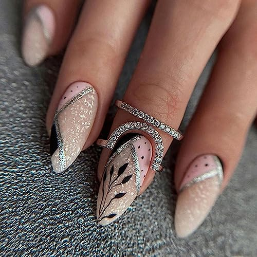 24 stycken mandelnaglar att klistra på korta, svarta blad fransk konstgjorda naglar glitter akryl konstgjorda naglar, oval full cover naturlig press på naglar för kvinnor flickor nagelkonst dekoration
