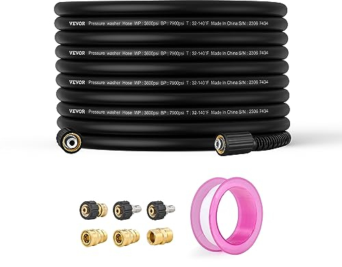 VEVOR Tuyau Flexible de Nettoyeur Haute Pression 30,5 m Tuyau de Lavage Électrique de Rechange 6,4 mm Connecteur Fileté M22-14 mm Rayon Courbure 19,1 mm 289,58 bar pour Extension de Laveuse Électrique