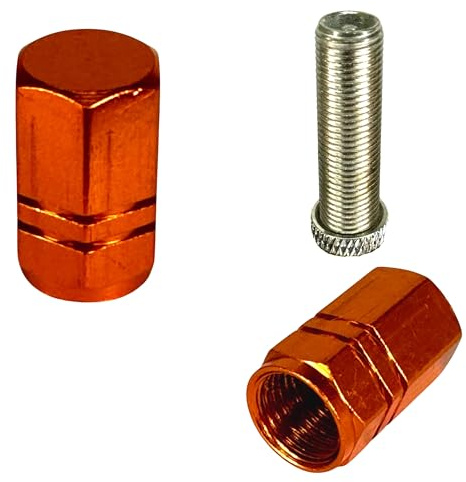F26 Fahrrad Ventilkappen AV Schrader, Aluminium, 2 Stück, Orange | Ventildeckel für Auto-Ventile an MTB, E-Bike, Gabel, Dämpfer und Motorrad