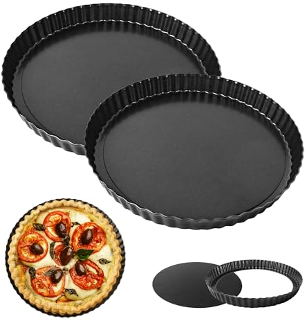 YKUKIZEE 2 Pack 5.7 cm Deep Quiche Tins with Loose Base 24 cm, Non-Stick Fluted Flan Dish with Removable Loose Bottom, 9 inch Round Quiche Dishes for Oven Baking Pie Tart