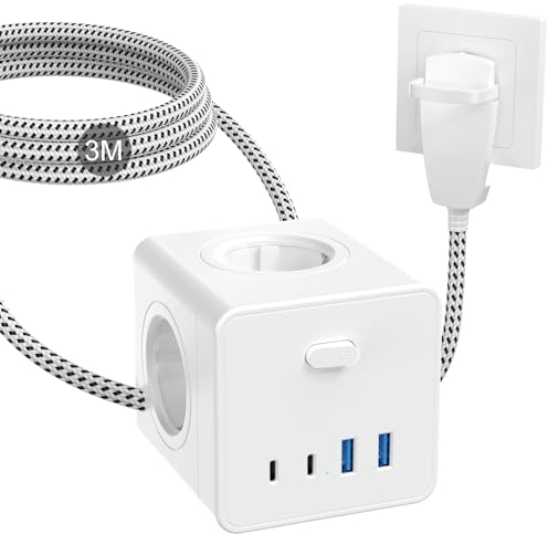 Cubo Regleta Enchufe con USB, Múltiple Cubo 8 en 1 con 2 USB-A y 2 USB-C, Regleta de Enchufes Plana de 4 Tomas con Interruptor, Distribuidor de Toma de Corriente Múltiple con Cable Trenzado 3M, Blanco