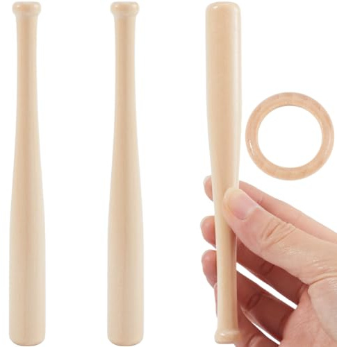 GORGECRAFT 3 x 15cm Großer Baseballschläger 1 x Hölzerner Baseballring Unlackierter Mini Baseballschläger Unbemalte Holzschläger Zum Bemalen Schlüsselanhänger Actionfiguren DIY Bastelprojekte