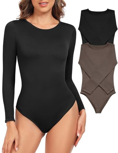 Lonya Body Donna Maniche Lunghe Casuale Girocollo Intimo Bodysuits Elegante Elastico Jumpsuits Tops 2PC Nero+Curry,L