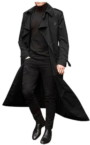 vejtmcc Trench medio doppiopetto per uomo lungo trench per uomo, casual, lungo, slim fit, doppio petto lungo, trench, casual, con cintura, felpa, Nero , L