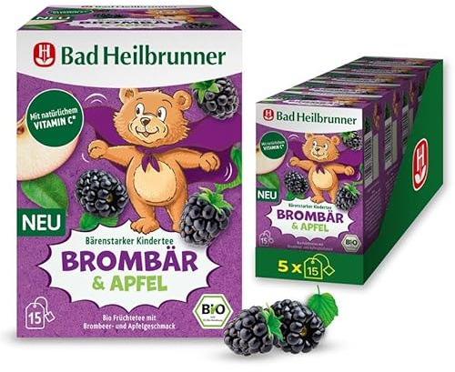 Bad Heilbrunner Bio Bärenstarker Kindertee Brombär & Apfel – Bio-Früchtetee mit natürlichem Vitamin C, speziell für Kinder entwickelt, (5 x 15 Filterbeutel)