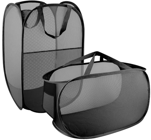 Set di 2 cestini per lavanderia pieghevoli in rete, cesto portachiavi, cestino pieghevole, con manici per il trasporto, per riporre vestiti e giocattoli, lavaggio pieghevole (nero)