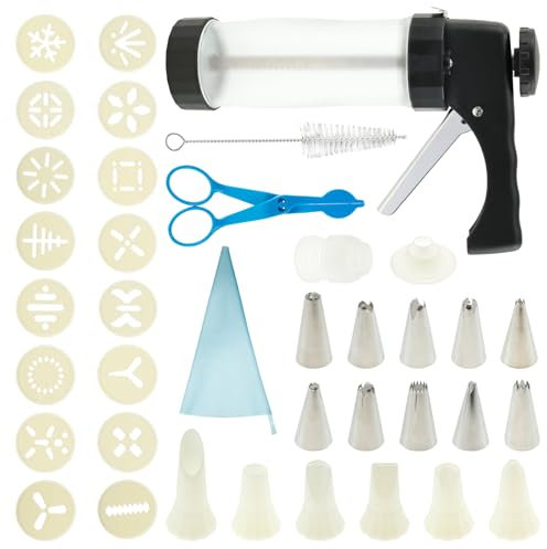 MENIBBLER Cookie Press Set, Stainless Steel Biscuit Making and Icing Set with 16 Discs 16 Icing Tips and Other Accessories, Multifunctional Cookie Press Kit for DIY Decorating Cakes Biscuits