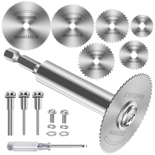 FOTYBEI Rotary Drill Saw Blade, 6pcs HSS Circular Saw Blades Cutting Discs, 1pc 1/4 Hex Long Shank, 1/4 Round Shank, 2pc 1/8 Round Shank, for Cutting Wood PVC Pipe Plastic Soft Metal