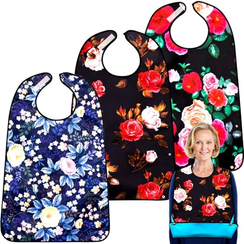 TaoTazon Adult Bibs For Women, 3 PCS Rose Pattern Adult Bib With Option Crumb Catcher, Waterproof & Washable Clothing Protectors For Elderly, Adult, Disabled