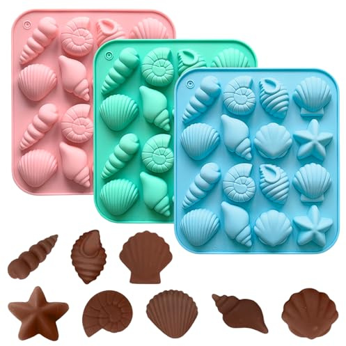 TenaLucy 3 Stück Silikonformen Backen,Pralinenform Silikon Muschelform Fondant Formen Silikonform Meerestiere 3D Ozean Tier Silikonformen Seestern Silikonform,für Süßigkeiten, Gelee, Schokolade