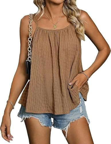 Sukiglam Camisetas sin Mangas Mujer Verano Tank Tops con Cuello Redondo Holgada Transpirable Camisola Shirt con Tirantes Ajustables Camiseta Casuales Chaleco Top Básica Plisada Camisa Blusas