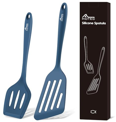 Hotec Lot de 2 spatules fendues en silicone résistant à la chaleur - Sans BPA - Passe au lave-vaisselle - Ustensiles de cuisine - Spatules antiadhésives pour la cuisson - Bleu foncé