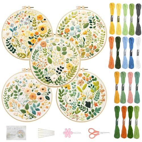FREEBLOSS 5 juegos de bordado de 11.6 pulgadas para principiantes, kit de bordado de punto de aguja con patrones estampados de flores pequeñas, instrucciones, hilos de colores, 2 aros