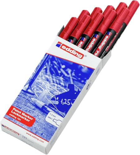 edding 791 Lackmarker – rot - 10 Stifte – dünne Rundspitze 1-2 mm – Lackmarker zum Markieren und Beschriften von Metall, Glas, Stein oder Kunststoff – hochdeckend, permanent, wischfest