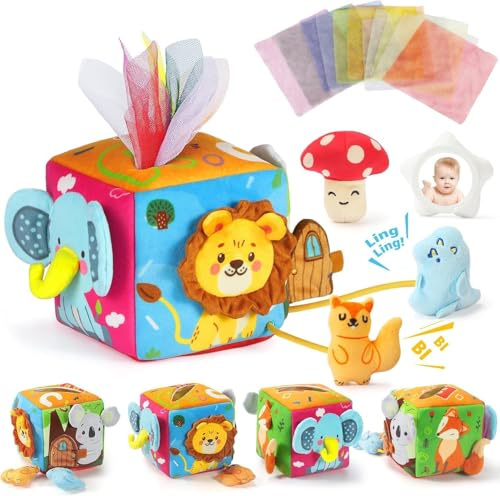 URMYWO Giochi Neonato 3-6 Mesi, Scatola Fazzoletti Sensoriale Montessori e attività Tummy Time con Carta Crespata, Foulard, Specchio Sicuro per Stimolare Sensi e Motricità Fina, Regalo 6 9 12 Mesi