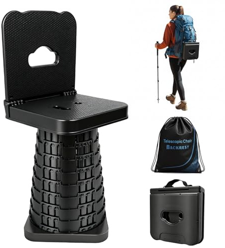graxie Upgraded Collapsible Stool with Backrest, Portable Telescopic Seat with Carry Bag, Square Folding Stool for Camping Gardening Fishing Hiking BBQ, Max Load Capacity 550lbs