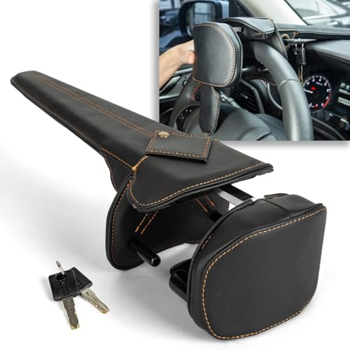 Krtopo Artiglio per Volante con Doppia Protezione Antifurto - Bloccasterzo per Auto con Blocco Universale Regolabile Rivestimento in Pelle e 2 Chiavi Nero - Per Auto Camper SUV Camion