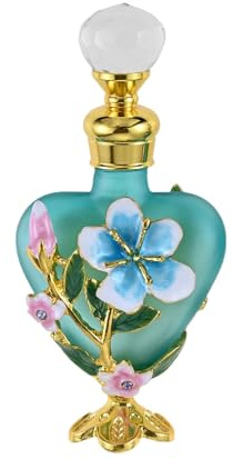 Dophee Retro Crystal Perfume Bottle, Refillable Perfume Bottle Flower Heart Shape Glass Empty Container for Fragrance Restoring, Dresser Table Decor, Handmade Holiday Gifts(10ml, Green)
