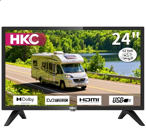 HKC Téléviseur HD 24 12 V, Freeview DVB-T2/C/S2 Dolby Audio, HDMI, VGA, PC, péritel, USB, petit écran de voyage pour camping-car et caravanes