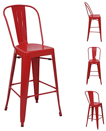 Mendler 4er-Set Barhocker HWC-A73, Barstuhl Tresenhocker mit Lehne, Metall Industriedesign - rot