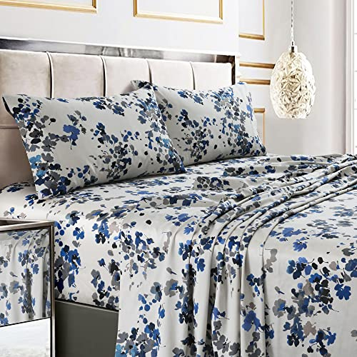 Tribeca Living 300 Thread Count Cotton Extra Deep Pocket Printed Sheet Set, Queen, Lisbon Blue/Multi