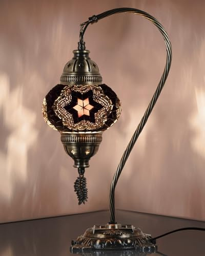 DEMMEX Turkish Moroccan Mosaic Table Lamp – Handcrafted Tiffany-Style Colorful Glass Swan Neck Bedside, Desk, Table Light, Boho Artisan Accent Lighting for Bedroom or Living Room – 15 H, Black White