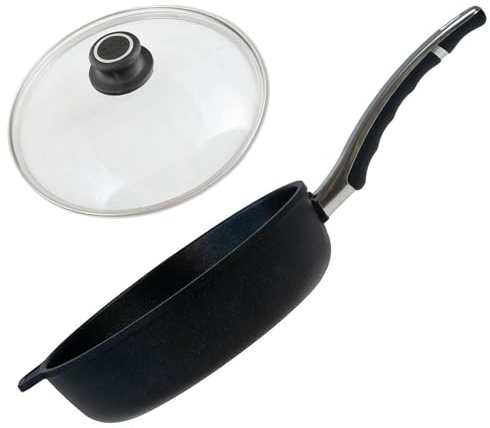 BAF Induktions-Schmorpfanne/Hochrandpfanne 24 cm mit Glasdeckel - Aluminiumguss Antihaft Pfanne, antihaftbeschichtet - 7,5 cm hoher Rand - für Induktion, Gas & Elektro - Made in Germany