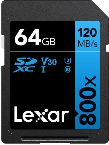 Lexar High-Performance 800x SD Karte 64GB, Speicherkarte SDXC UHS-I BLUE Series, Class 10, U3, V30, Bis zu 120 MB/s Lesen, für Point-and-Shoot-Kameras, DSLR-Kameras, HD-Camcorder (LSD0800064G-BNNAG)