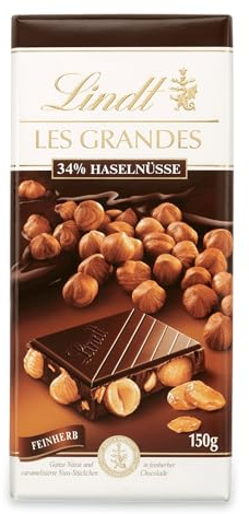 Lindt Schokolade Les Grandes Haselnuss Feinherb Tafel | Ganze Nüsse und karamellisierte Nuss-Stückchen in feinherber Schokolade | Schokoladentafel | Schokoladengeschenk, 150g