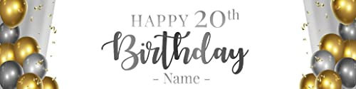 Personalisiertes Geburtstagsbanner mit Namen, Altersoption für Kinder und Erwachsene, Partyzubehör, Hintergrunddesign, Dekorationen, 91 x 0,3 m (Grau und Gold)