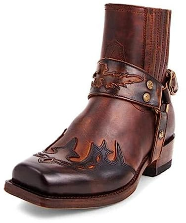 PEKMAR Stivali da Uomo Cowboy Western, Stivaletti Vintage in Pelle PU con Punta a Punta con Tacco Medio Stivali da Combattimento Stivali da Equitazione da Equitazione 38-48,Light Brown,47