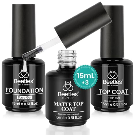 Beetles Gel Polish Base & Top Coat Set - 3pcs, 15ml Base Gel, No Wipe Top Coat, Matte & Shine Finish, Long Lasting Soak Off, LED Nail Lamp