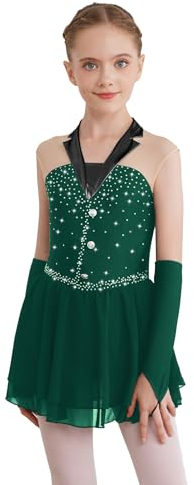 FEESHOW Mädchen Eiskunstlauf Kleider Ärmellos Glänzende Strass Ballett Tanzkleid Handschuhe Set Kinder Eislaufen Ballerina Kleid Tanzkleidung Dunkelgrün_B 158-164