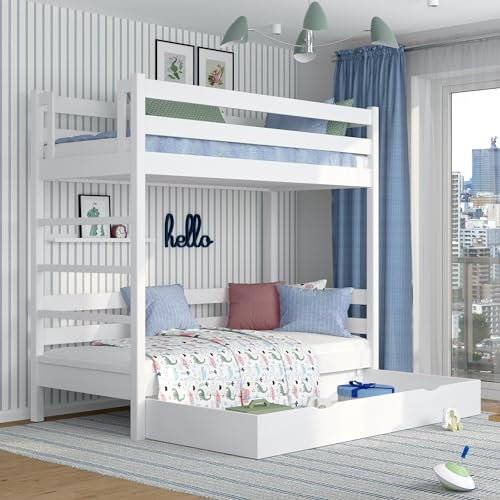 N-wood N03 Etagenbett mit Schublade 90x190 cm, Kinderbett mit Leiter, 2 Leitermontageseiten: Links oder rechts, abgerundete Kanten, Stabile Massivholzkonstruktion, Hochwertige Materialien, Weiß