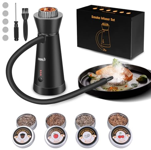 BORUIT SK301B Cocktail Smoker Kit,Smoking Gun Food Smoker with 4 Flavors Wood Chips,Portable Aluminum Alloy Drink and Food Smoker Infuser for Kitchen Cocktails Meat BBQ Cheese(Black)