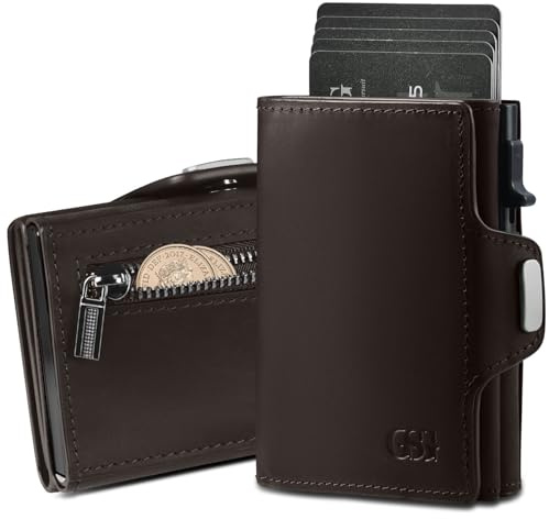 GSG SINCE 1998 Herren Geldbörse aus Leder,Slim Wallet mit Münzfach & RFID-Schutz Kreditkartenetui Portmonee für 9-10 Karte, schlanker Geldbeutel für Männer Kaffee