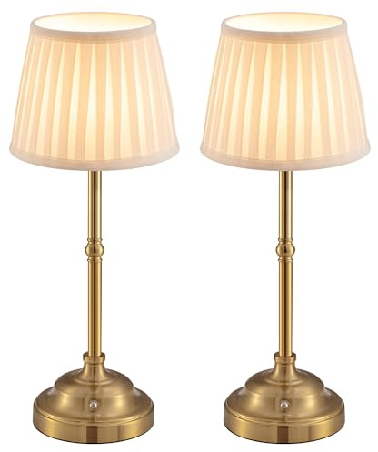VISDANFO LED Tischlampe Kabellos 2er Set, Dimmbare Vintage Nachttischlampe, Retro Tischlampe Akku, 4000mAh Batteriebetrieben, Geeignet Für Innen, Outdoor, Bar, Wohnzimmer (Gold + Beige Shade)