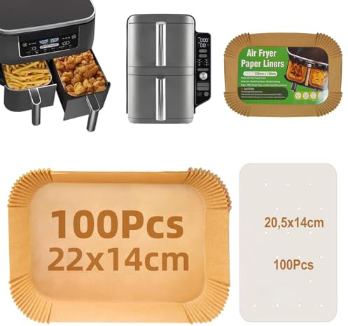 Papel para hornear aire freider, 100 piezas, 22 x 14 cm, papel rectangular sulfurizado y 100 hojas, 20,5 x 14 cm, papel perforado antiadherente para Ninja Air Fryer Foodi Dual Zone