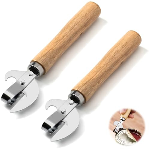 2Pcs Stainless Steel Side Cut Can Opener with Ergonomic Wood Handle | Sturdy Durable Effort-saving Manual Tin Opener for Kitchen, Camping & Emergency Prep Tool