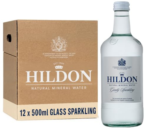 Hildon Natural Mineral Water 12 x 500ml Glass bottles - Gently Sparkling - Sourced from a natural aquifer nestled on our Chalk Valley estate - Low Sodium, Naturally Alkaline, Kings Royal Warrant