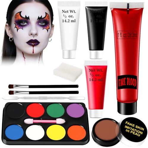 Schminke Karneval Set - Kunstblut Fasching Make Up Erwachsene Kinder, Theaterschminke Vampir Narben Wunden mit Face Paint(Schwarz, Weiß, Rot) + Blut+Narbenwachs+ Latexmilch+Palette mit 8 Farben