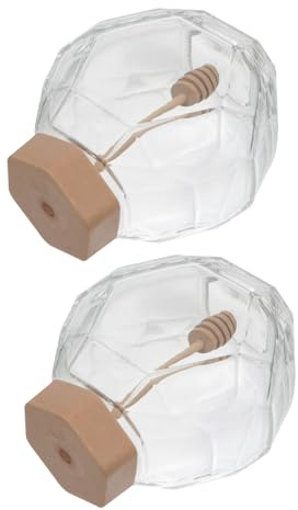 Hemobllo 2 Piezas Frasco de Miel Transparente de Vidrio y Madera, Diseño Hexagonal Tapa Hermética para Conservar la Miel Cocina