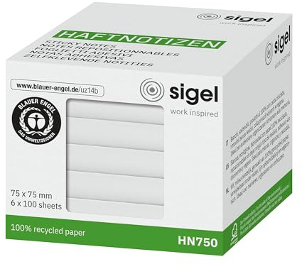 SIGEL HN750 Blocco di note adesive, 7,5 x 7,5 cm, in carta riciclata, certificato Angelo Blu, bianco, 6 blocchi da 100 fogli